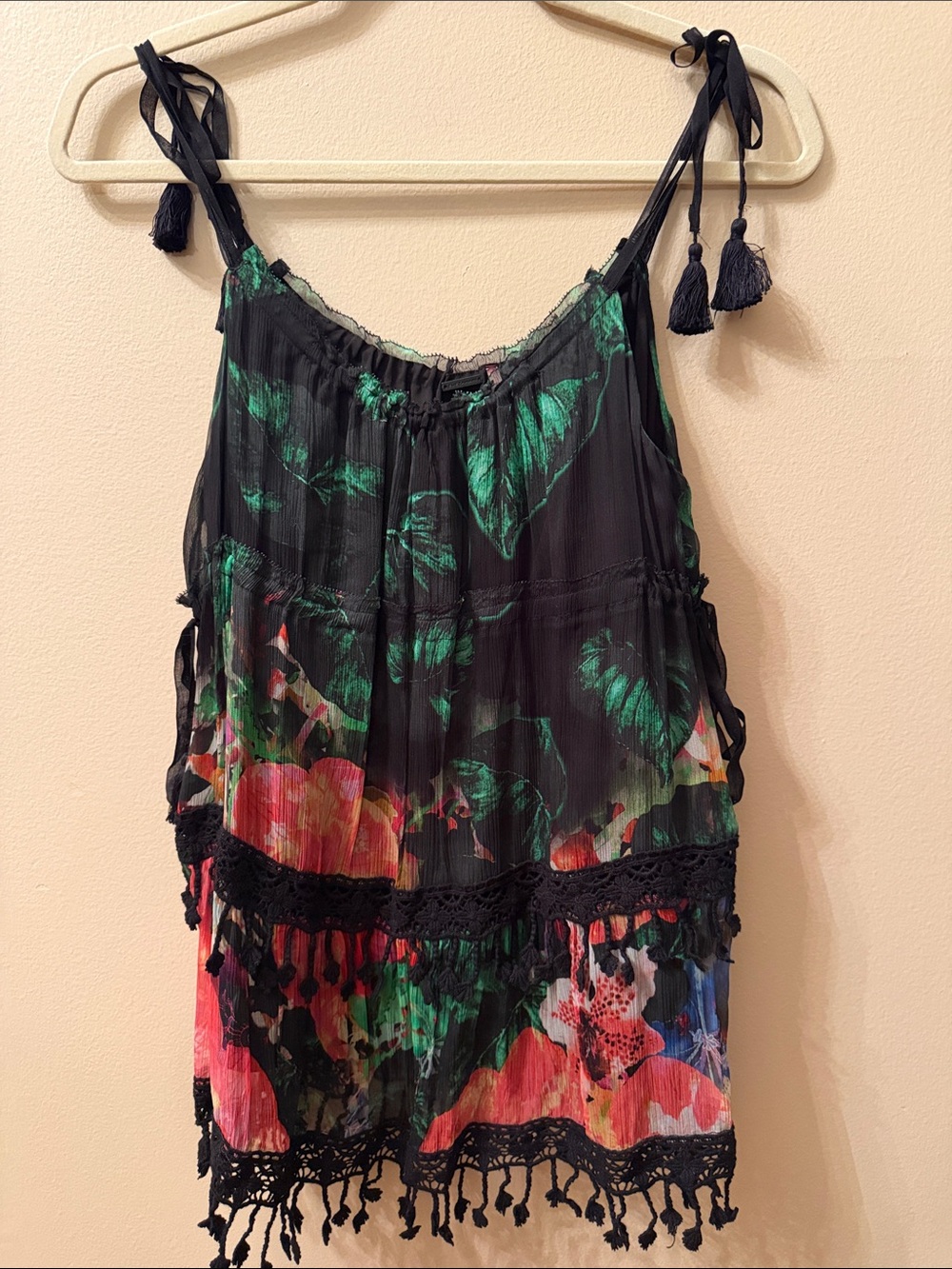 Elie Tahari Black Floral Tassel Tie-Shoulder Camisole